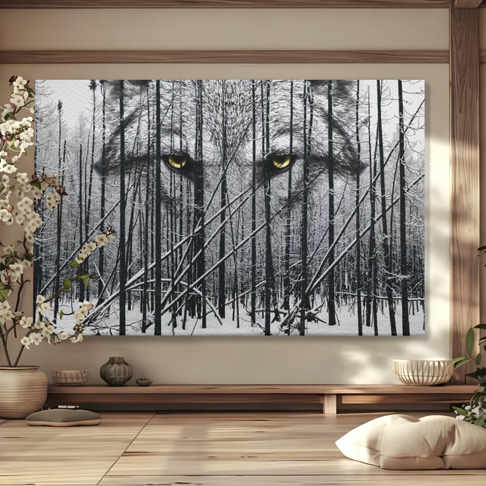 Tablou canvas cu tablou canvas cu ochi de lup si padure iarna, fara rama, pe sasiu de lemn